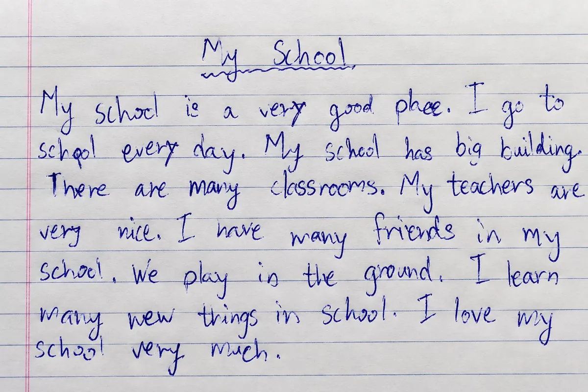 Before: uneven, crowded handwriting of the sentence My School