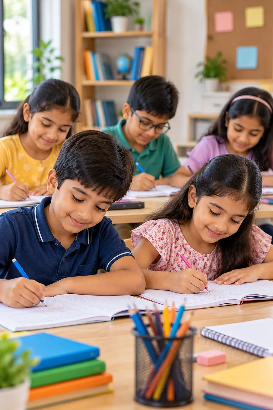 Children practising handwriting at their desks