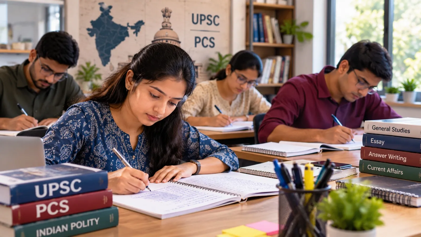 Aspirants writing answer copies in a quiet study hall